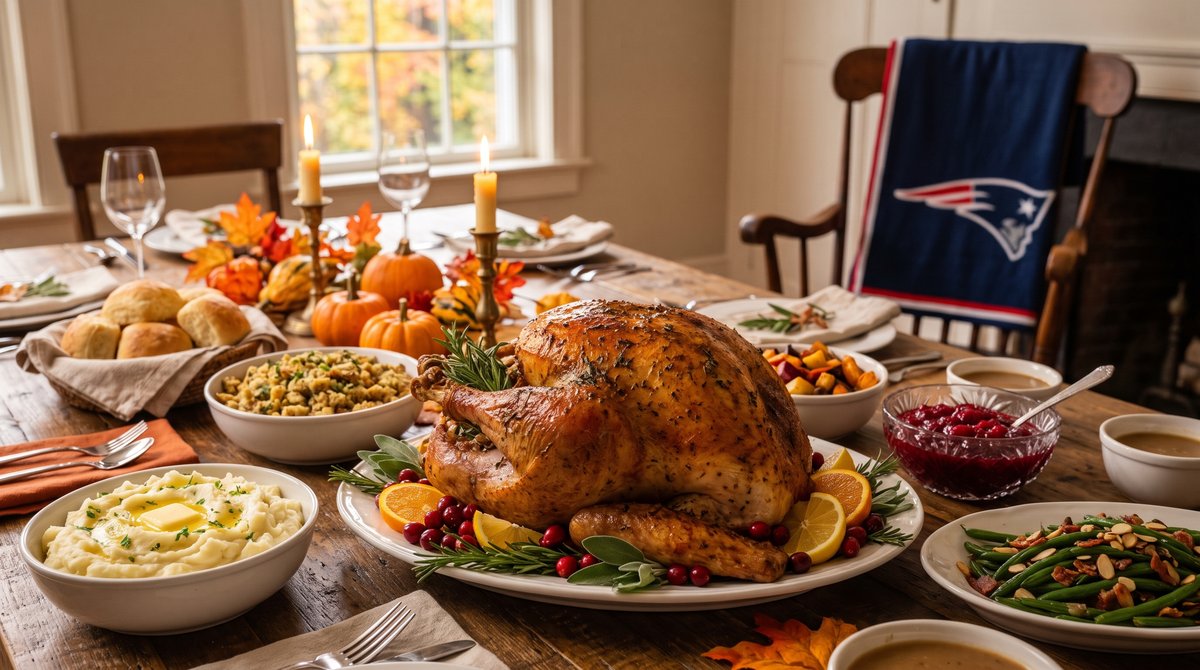 Roasted Thanksgiving turkey with sides on a holiday table